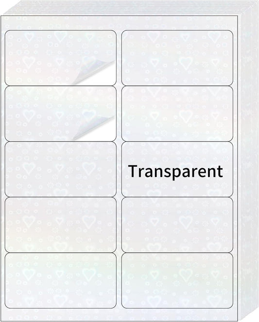 STARLIBOO Transparent Stickers Labels - 2" x 4" Clear Address Labels Mailing Stickers for Laser/Inkjet Printer 8.5"Ã11"- 20 Sheet (Clear Holographic Heart)