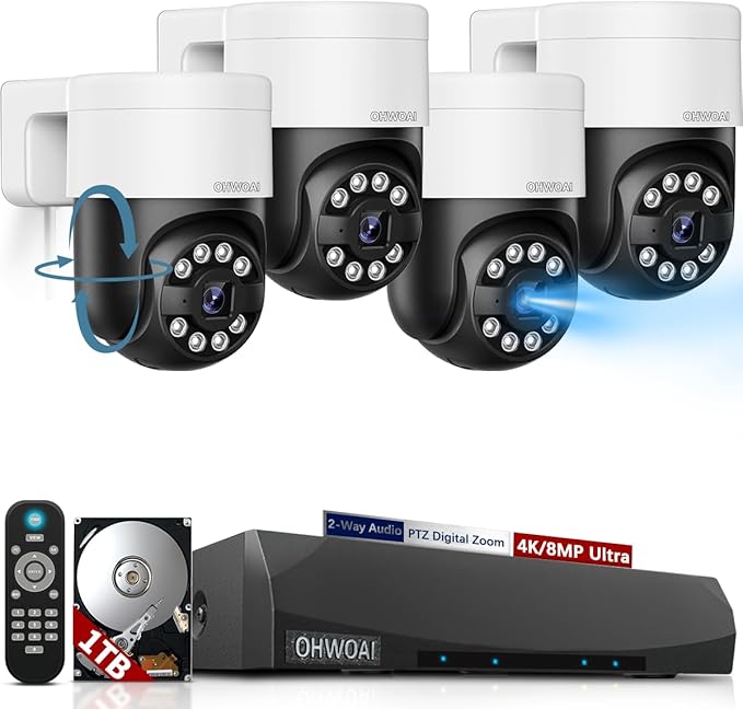 OHWOAI 《4K/8.0 Megapixel & Smart Auto Tracking》Wired PTZ Security Camera System, 4K POE Cameras Systems for Home Video Surveillance DVR Kits
