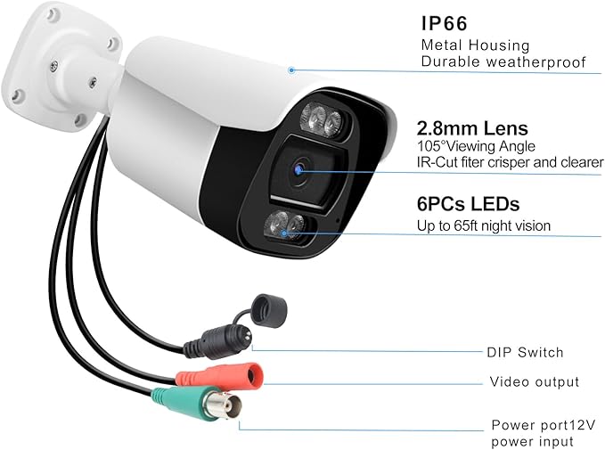 1080P CCTV Camera (Hybrid 4-in-1 HD-CVI/TVI/AHD/960H Analog CVBS) Outdoor Indoor, 6pcs IR-LEDs, ICR, 2.8mm Lens, 105° Wide Angle, Full Metal Housing, for 960H,720P,1080P,5MP,4K Analog DVR