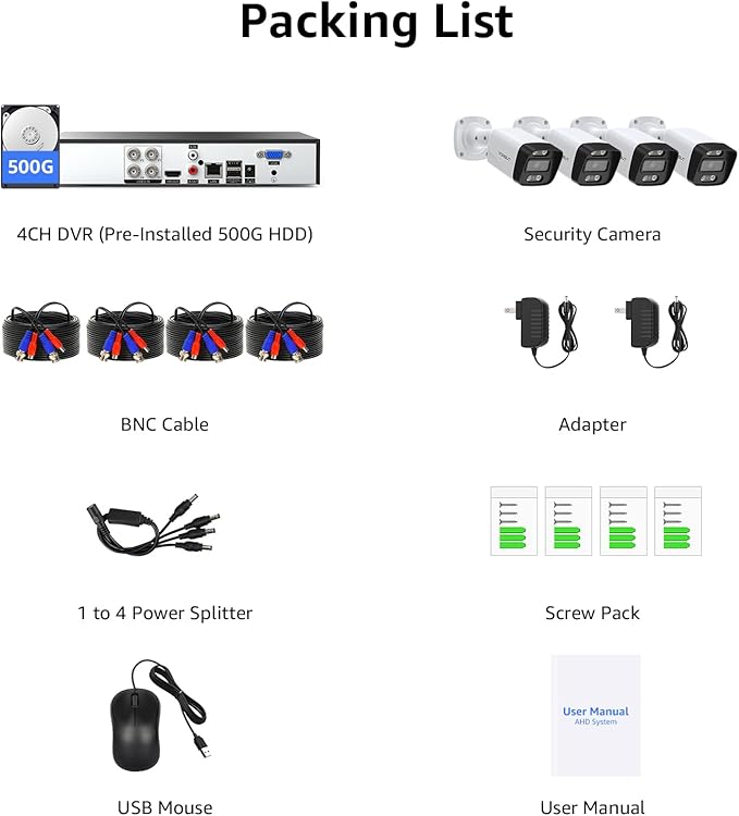 Wired Security Camera System, 4CH 5MP Lite CCTV Surveillance DVR Kit with 4 x 3MP Home AHD Security Camera for Outdoor Use, IP66 Waterproof Metal Shell,Remote Access,Smart Detection,500G HDD