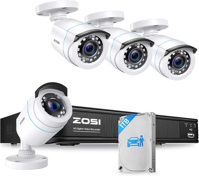 ZOSI H.265+ Full 1080p Home Security Camera System Outdoor Indoor, 5MP-Lite CCTV DVR 8 Channel with AI Human Vehicle Detection, 4 x 1080p Weatherproof Surveillance Camera, 80ft Night Vision, 1TB HDD