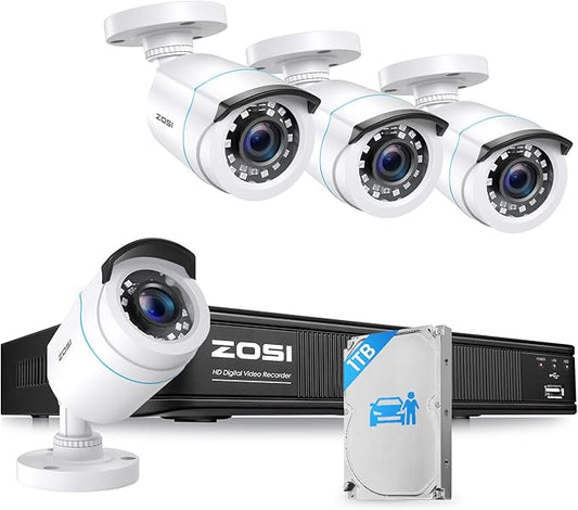 ZOSI H.265+ Full 1080p Home Security Camera System Outdoor Indoor, 5MP-Lite CCTV DVR 8 Channel with AI Human Vehicle Detection, 4 x 1080p Weatherproof Surveillance Camera, 80ft Night Vision, 1TB HDD