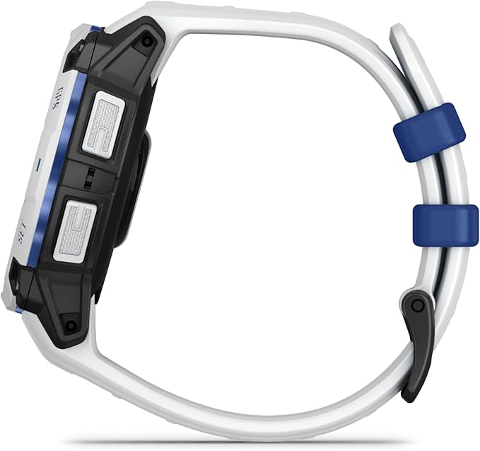 Garmin Instinct® 3 – 45 mm, Solar, Rugged Outdoor GPS Smartwatch, Built-in Flashlight, Supernova Collection Limited Edition Color, Whitestone with Whitestone/Bolt Blue Silicone Band