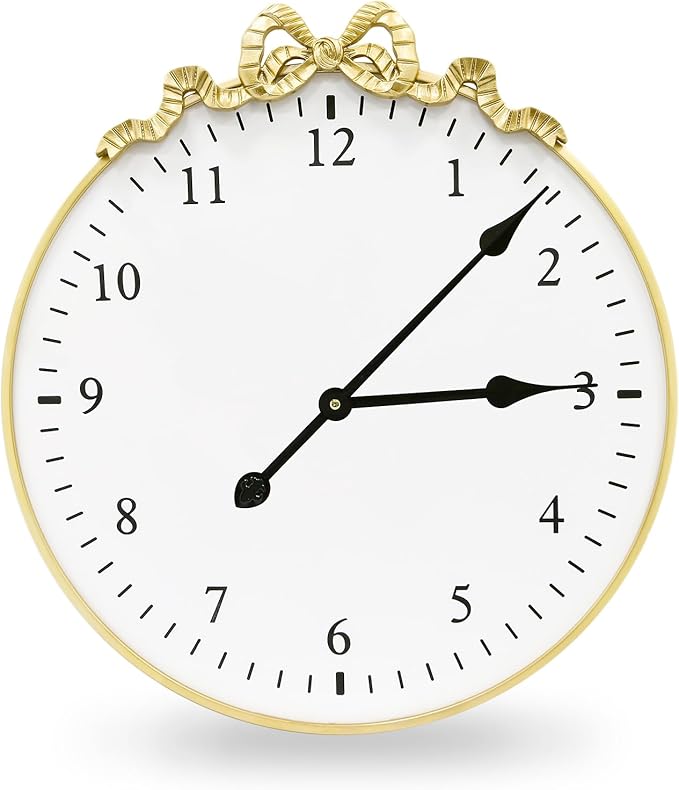 Large Vintage Gold Wall Clock, 27.5inch Decorative Round Wall Clocks with Bow Decor for Living Room, Retro Metal Battery Operated Clocks for Bedroom, Dining Room,Office