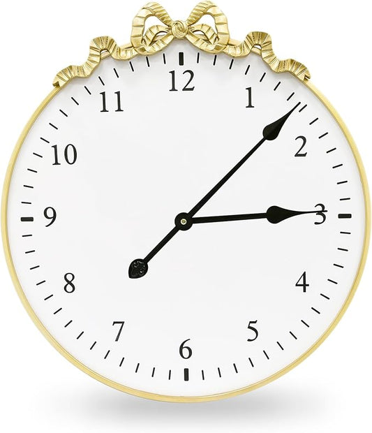 Large Vintage Gold Wall Clock, 27.5inch Decorative Round Wall Clocks with Bow Decor for Living Room, Retro Metal Battery Operated Clocks for Bedroom, Dining Room,Office