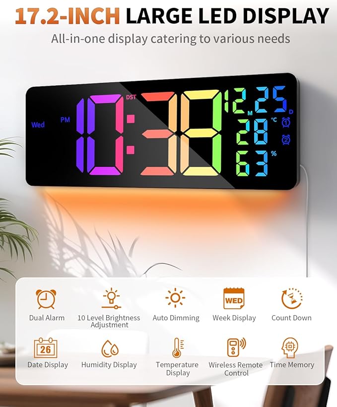 17.2" Large Digital Wall Mount Clock, Count Down Timer, Alarm, Big LED, 11 RGB Color, Temperature for Living Room Classroom Desk, Xmas, Birthday Gift for Senior Mom Dad (Rectangle)