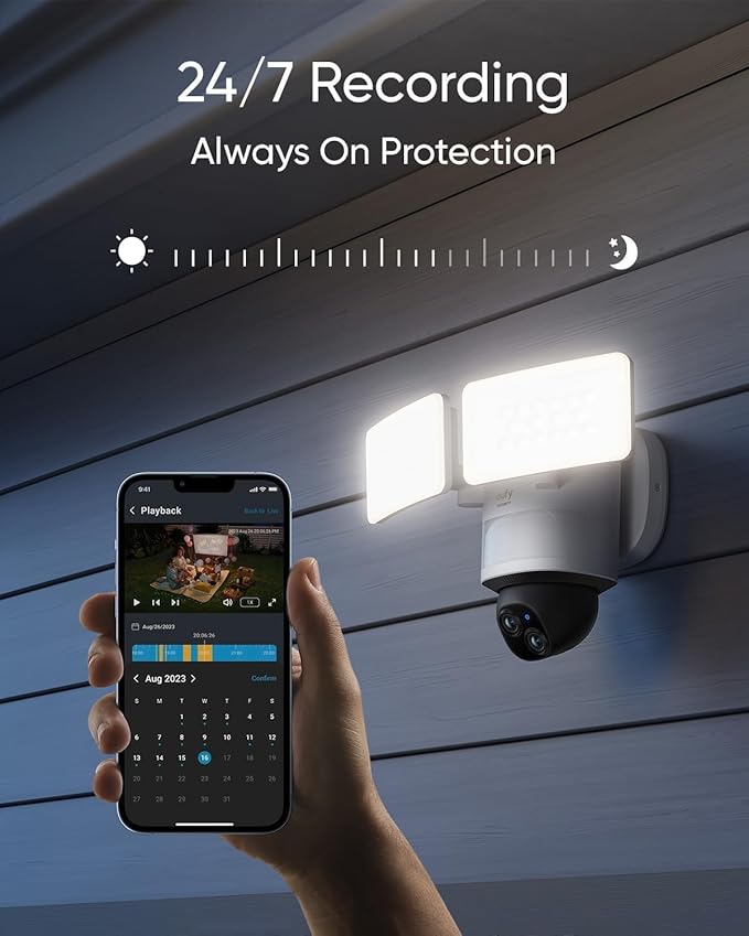 eufy Floodlight Camera E340 with AC Cable, Security Camera Outdoor, 360° PTZ, 24/7 Recording, 2.4G/5G Wi-Fi, 2000 LM, Motion Detection, Built-in Siren, Dual Cam, HB3 Compatible, No Monthly Fee