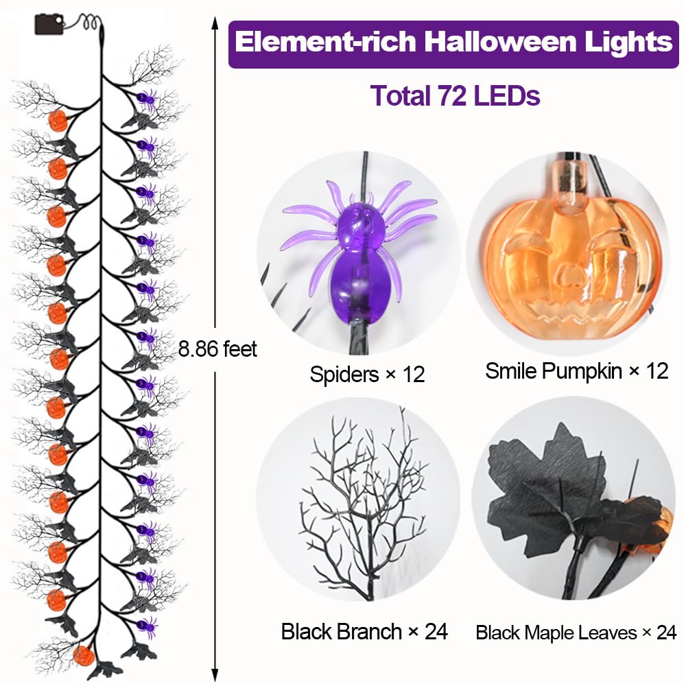 PALONMY Halloween Garland Lights, 8.86FT, 72LED, Plastic, Orange & Purple, with Pumpkins, Spiders, Black Leaves, Indoor/Outdoor Decor