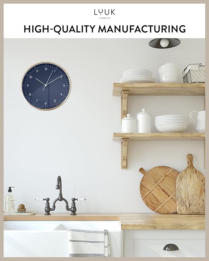 LUUK LIFESTYLE Modern Wall Clock with Silent Quartz Movement, Stylish & Functional, Decoration for Living Room, 12 inch, in Dark Blue & Gold