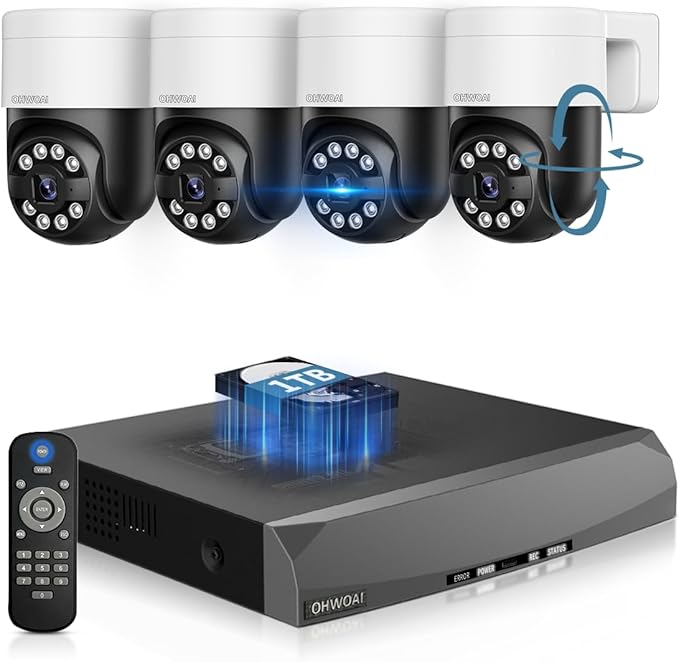OHWOAI 《130°Wide Angle & 2-Way Audio 》4K Outdoor Wired Security Camera System,360 Degrees Security PTZ IP Cameras,Surveillance Video Equipment, Surveillance DVR Kits