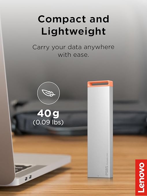 Lenovo PS8S 2TB Portable SSD, Up to 1050MB/s Read, 1000MB/s Write, USB 3.2 USB-C, Slim Lightweight (40g) Aluminum Body, Reliable Storage for PC/Mac & Android