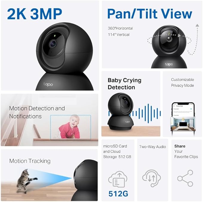 Tapo 2K Pan/Tilt Indoor Security Camera for Baby Monitor, Pet Camera | Motion Detection & Tracking | 2-Way Audio | Cloud & SD Card Storage | Works w/Alexa & Google Assistant | Black C211