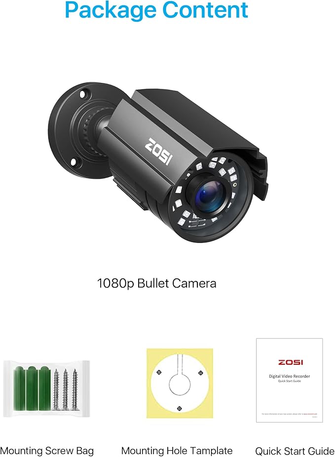 ZOSI 1080P HD TVI Security Camera for Home Office Surveillance CCTV System, 2MP Outdoor Indoor Weatherproof Bullet BNC Camera with Metal Housing, Night Vision, for 1080P/5MP/4K HD-TVI Analog DVR