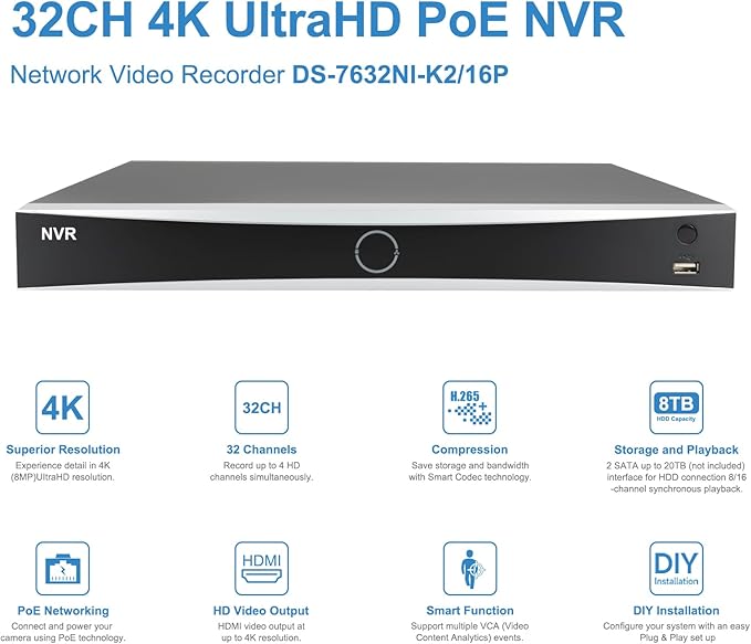 Anpviz 12MP NVR 32 Channel PoE Security Camera System, 32CH H.265+ NVR with 8TB HDD and 16 Ports PoE Switch, 24pcs 4K 8MP IP Cameras with Smart Color Night Vision, Business Surveillance, 24 Cables
