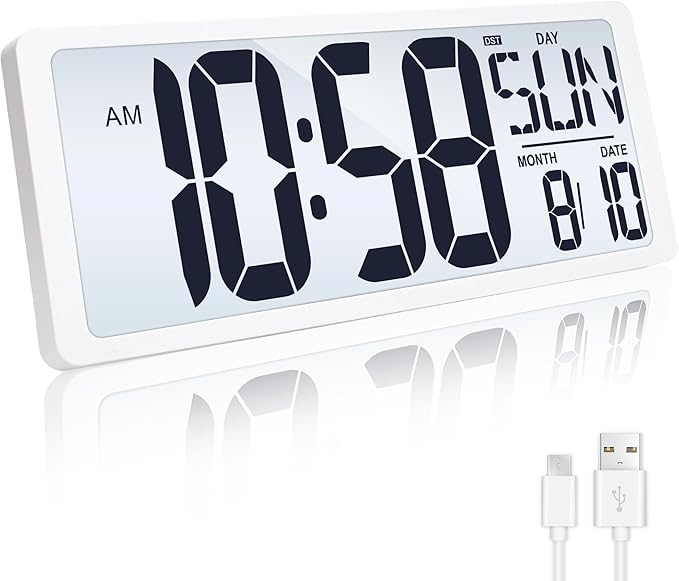 TXL Rechargeable Atomic Clock with Backlight, 14.2" Large Display Digital Wall Clock Battery Operated with Day, Date & Temperature, Large Wall Clock for Bedroom, Livingroom, Office（White）
