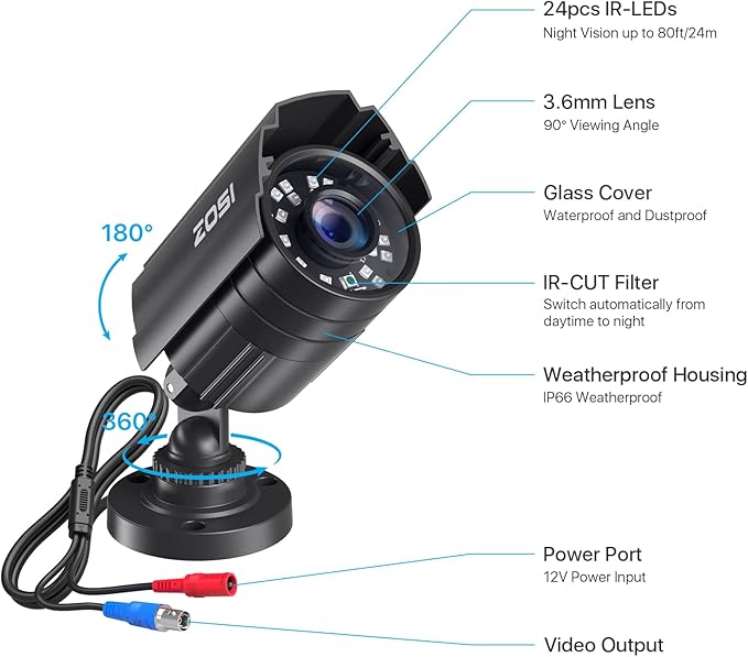 ZOSI 1080P HD TVI Security Camera for Home Office Surveillance CCTV System, 2MP Outdoor Indoor Weatherproof Bullet BNC Camera with Metal Housing, Night Vision, for 1080P/5MP/4K HD-TVI Analog DVR