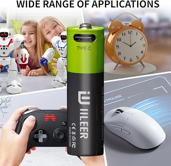 2000mAh USB-C Rechargeable AA Batteries, 1200 Cycles Life, Fast Charging with Type-C Cable, for Gaming Controllers, Mouse, Keyboard & Home Electronics, Black Green (24)
