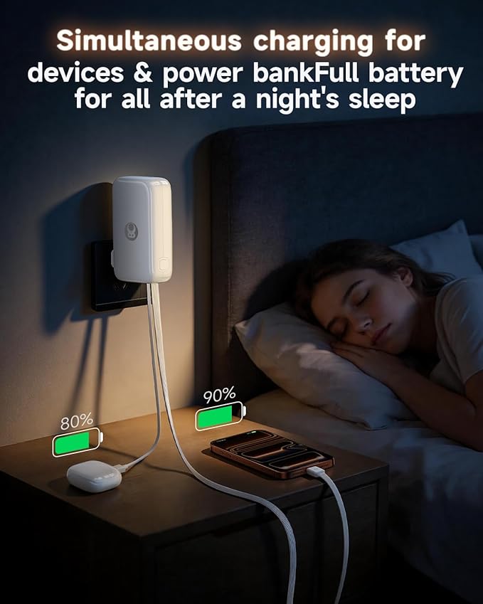 HOU 3 in 1 Portable Power Bank 10000mAh, 35W PD Fast Charging, Retractable USB-C Cable, Foldable Wall Plug, Dual Device Charging, FCC&UL Certified, Compatible with iPhone 17 Pro Max, Samsung, iPad