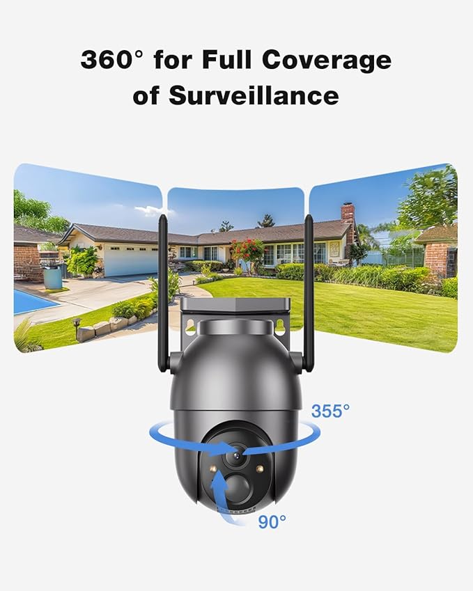 SEHMUA Security Cameras Wireless Outdoor-4-cam kit, No Monthly Fee, Solar Powered, Colorful Night Vision, 360° PTZ, 4MP Live View, Centralized Control, 2.4G&5G Router Compatible for Security System
