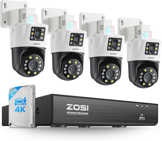 ZOSI 4K Dual-Lens PoE Security Camera System, 4 x 4K 8MP Pan/Tilt (2x4MP) PoE 360 Camera Outdoor, Person/Vehicle Detect, Spotlight Siren, Color Night Vision, 8CH 8MP NVR with 2TB HDD (16CH Expandable)