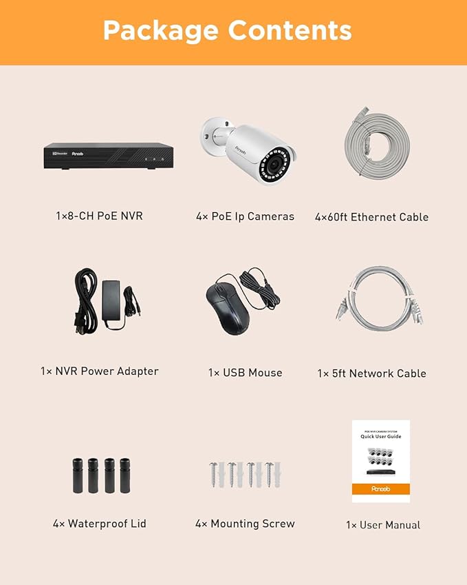 4 Camera Security System, 4pcs 5MP Wired Home Bullet IP PoE Cameras Outdoor with Mic/Audio, AI Human Detection, 100ft IR Night Vision, 4K 8 Channel NVR 2TB HDD for 24/7 Recording, PB37F0408-5M