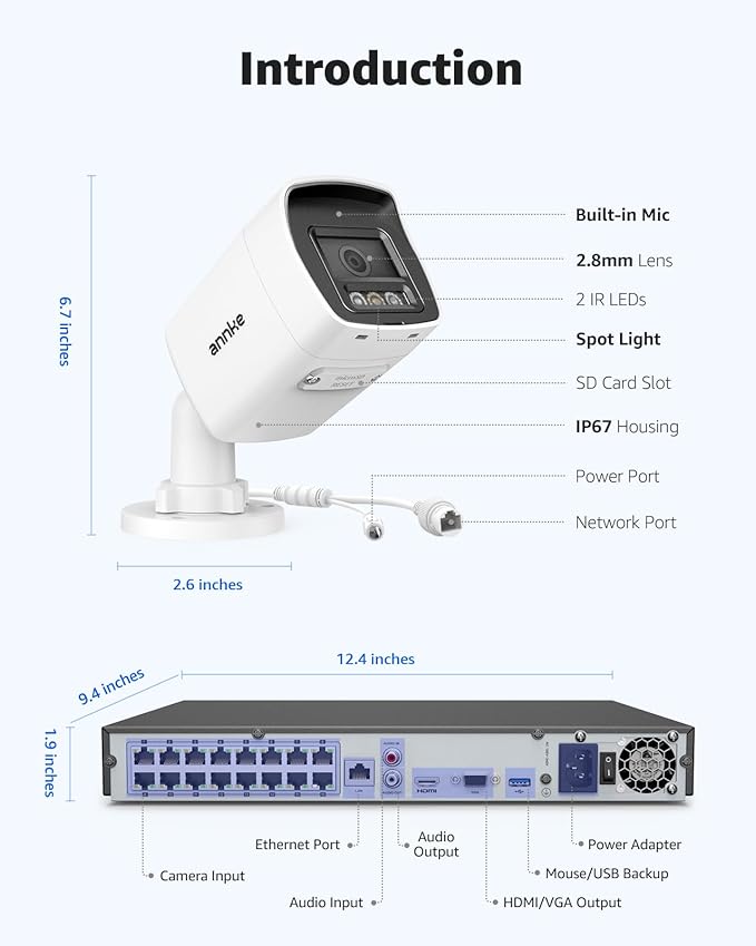ANNKE 12MP Security Camera System, 16CH NVR Recorder with AI Motion Detection, 8pcs IP PoE Cams with Color Night Vision, Built-in Mic, Compatible with Alexa for Home Business Surveillance, 4TB HDD