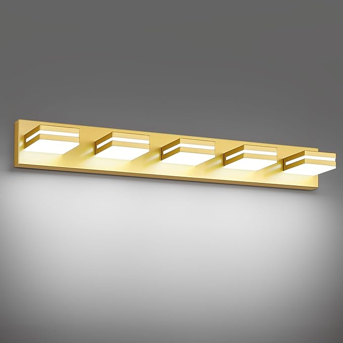 Modern LED Bathroom Lights Fixtures(5-Light),Metal Gold Acrylic Wall Lighting,Vanity Lights for Bathroom Over Mirror(6000k 34in)