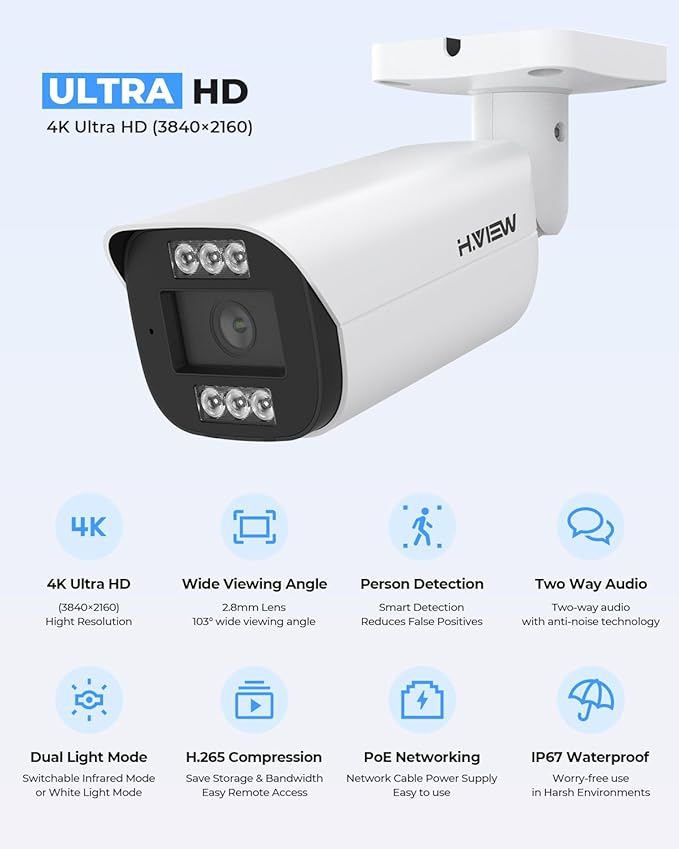 H.VIEW 8 Channels 4K Home Security Camera System, 4TB HDD Preinstalled, 8 PCS Outdoor 8MP POE Security Camera, Trigger Color Night Vision, Two-Way Audio, Human Body Detection, Smart Dual Illumination