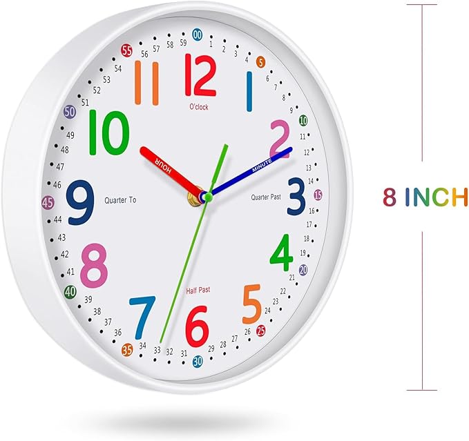 Silent Kids Wall Clock – Non-Ticking, Battery-Powered, Ideal for Teaching Time and Stylish Décor in Any Room - 8 Inch