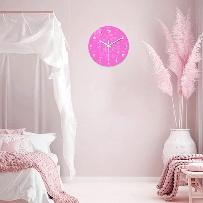 XNM Pink Chemical Clock for Girls Bedroom Wall Clocks Battery Operated Round Glass Analog Science 12 Inch Silent Wall Clock