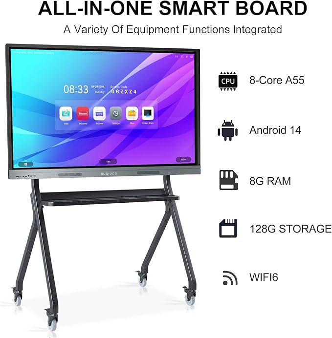 Smart Board, 55'' 4K UHD Smart Whiteboard, 8+128GB Touch Screen Electronic Whiteboard, Interactive Whiteboard for Classroom and Business (Wall Mount Included)