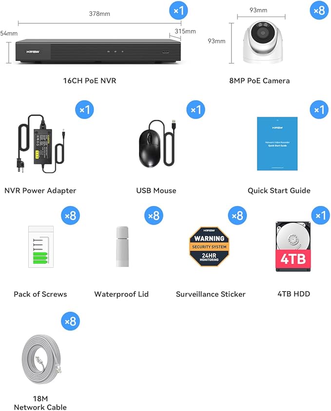H.VIEW 16 Channel NVR PoE Security Camera System Wired, 8MP 4K 16CH Commercial NVR 4TB, Smart AI Color Night, 16x 8MP Outdoor Audio IP Cameras, 16x Network Cables, CCTV for Businesses Home