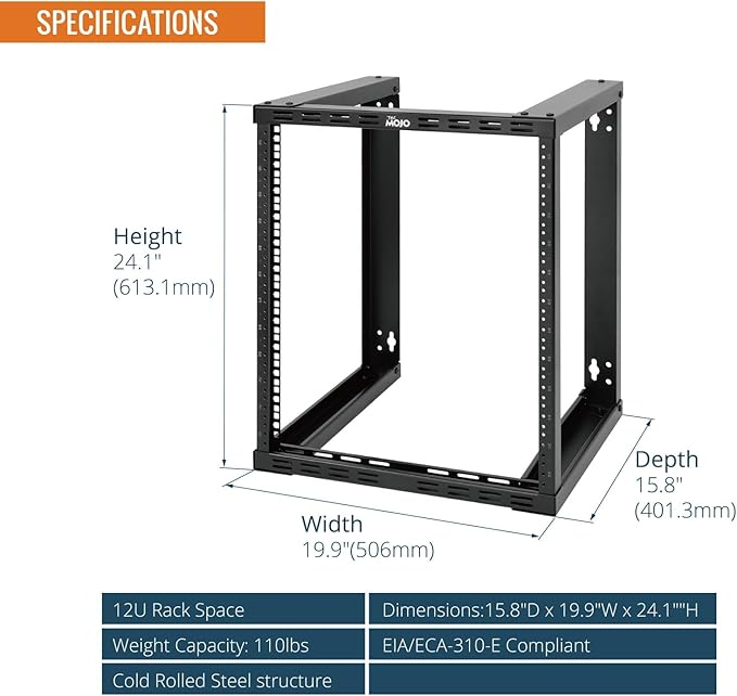 Tecmojo 12U Wall Mount Rack, Wall Mount Network Rack 15.8in Depth, Open Frame Server Rack for 19in IT/AV/Data/Home Equipment, Black