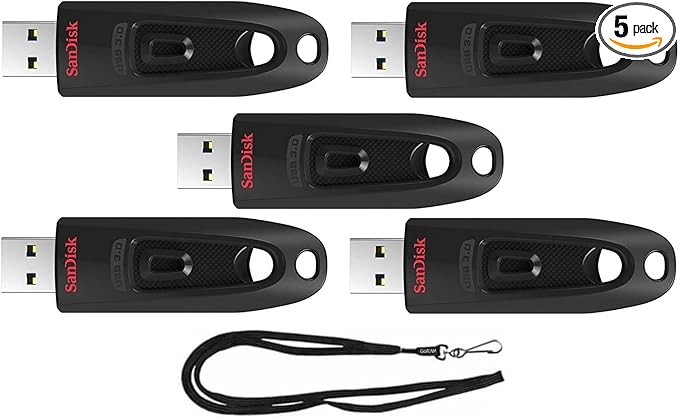 SanDisk 16GB Ultra 130MB/s USB 3.0 Flash Drive SDCZ48-016G Bundle with (1) GoRAM Black Lanyard (16GB, 5 Pack)