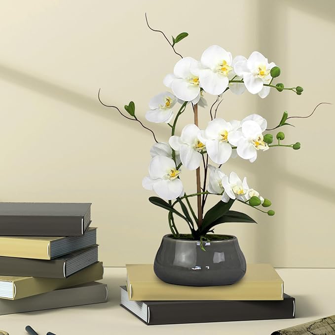 White Orchid Artificial Flowers with Gray Vase Large Silk Faux Phalaenopsis Flowers for Dining Room Table Floral Centerpieces Indoor Decoration
