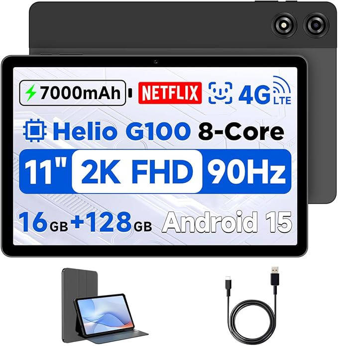 11 inch Android 15 Tablet, Helio G100 Octa-Core 16GB+128GB (1TB TF) Bpad 11 FHD 1920×1200 IPS 90Hz Widevine L1, 7000mAh PD 18W 5MP+8MP Camera, 4G LTE+2.4G/5G WiFi+BT5.0+GPS with Protective Case