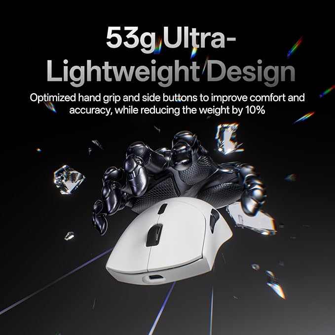 Rapoo VT7 Wireless Gaming Mouse, True 8K Wireless Polling Rate, 53g Lightweight, Up to 750 Hr Battery, Nordic nRF54L15 MCU, 100-Million Mechanical Switch, 10 Programmable Buttons, White