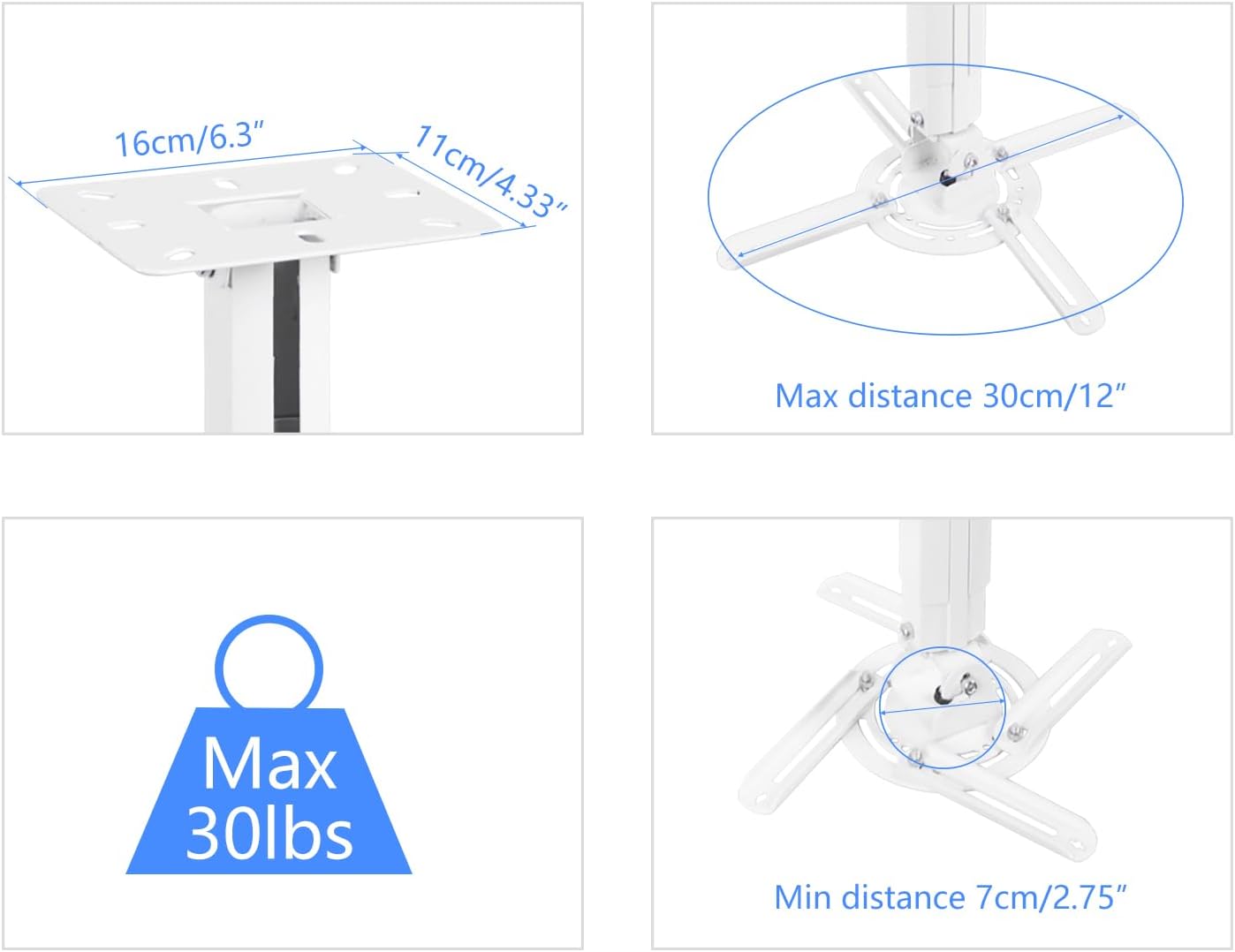 suptek White Projector Ceiling Mount Bracket Fits Flat or Sloped Ceiling Height Adjustable with Extendable Length 30.7-49.21inch,for LCD/DLP Projectors,White (PR05LW)