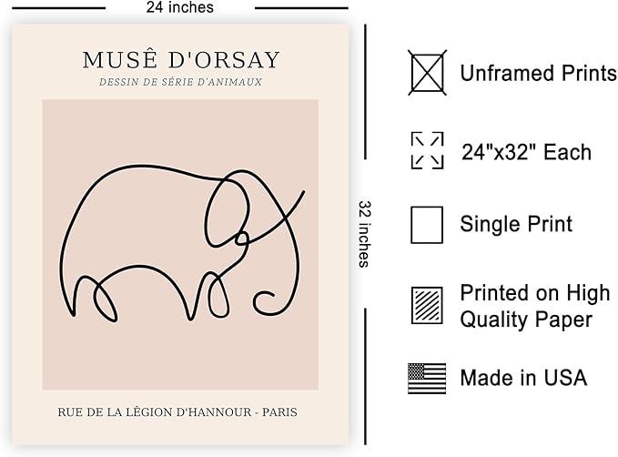 Poster Master Vintage Poster - Retro One Line Elephant Drawing Print - Elephant Art - Minimal Gift for Men, Women, Animal Lover - Abstract Wall Decor for Home, Office, 24x32 Unframed Wall Art