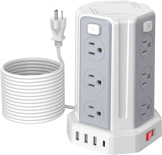 Power Strip Surge Protector, 10 Ft Extension Cord with 12 AC Multiple Outlets 4 USB (1 USB C), SMALLRT Power Tower Desktop Charging Station (White, 16.4 FT)