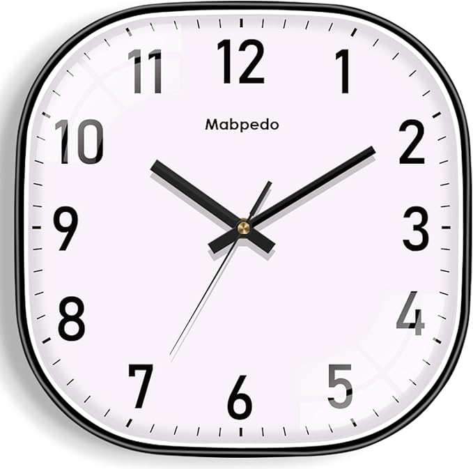 10 Inch Wall Clock, Silent Non Ticking Wall Clocks Battery Operated, Square Analog Decorative Wall Clocks for Bedroom Living Room Office Home Gym Porch Decor Indoor Outdoor Clock, Black