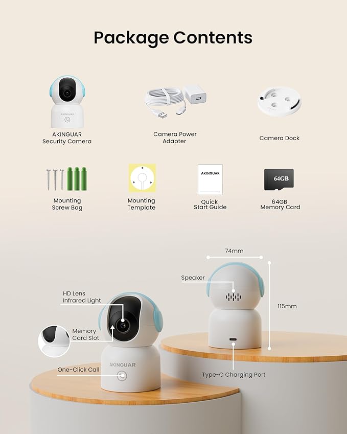 4K 8MP Indoor Security Camera, WiFi Camera with 64GB Memory Card, 360° Pan/Tilt IP Surveillance Camera, Auto Tracking, AI Human/Baby Cry/Pet Detection, Night Vision, 2-Way Audio
