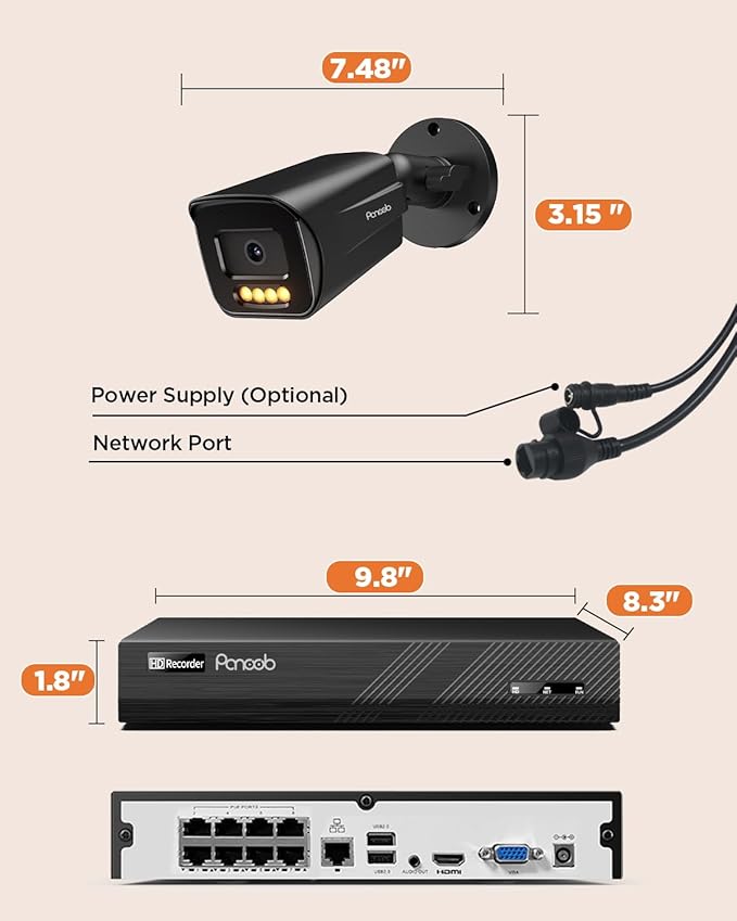 8 Channel PoE Security Camera System, 8PCS 5MP Bullet IP Camera with 2 Way Audio, Smart Color Night Vision, AI Human Vehicle Detection, Remote Access, 4K 8CH NVR with 2TB HDD, PB65B0808-5MD