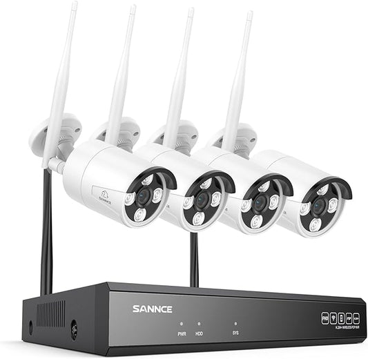 SANNCE 16CH 8MP NVR Wireless Security Camera System with 4 * 8MP Waterproof Surveillance IP Cameras,Dual-Band WiFi, H.264+ Video Coding, IP66 Outdoor Camera,Night Vision.