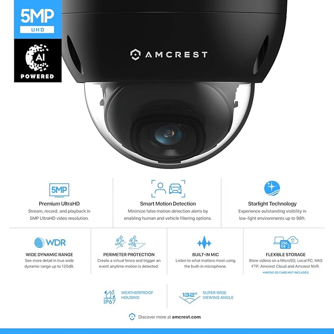 Amcrest 5MP POE Camera, Outdoor Vandal Dome Security POE IP Camera, 5-Megapixel, 98ft NightVision, 2.8mm Lens, IP67, IK10 Resistance, MicroSD 256GB (Sold Separately), Cloud, NVR (IP5M-D1188EB-AI-V3)