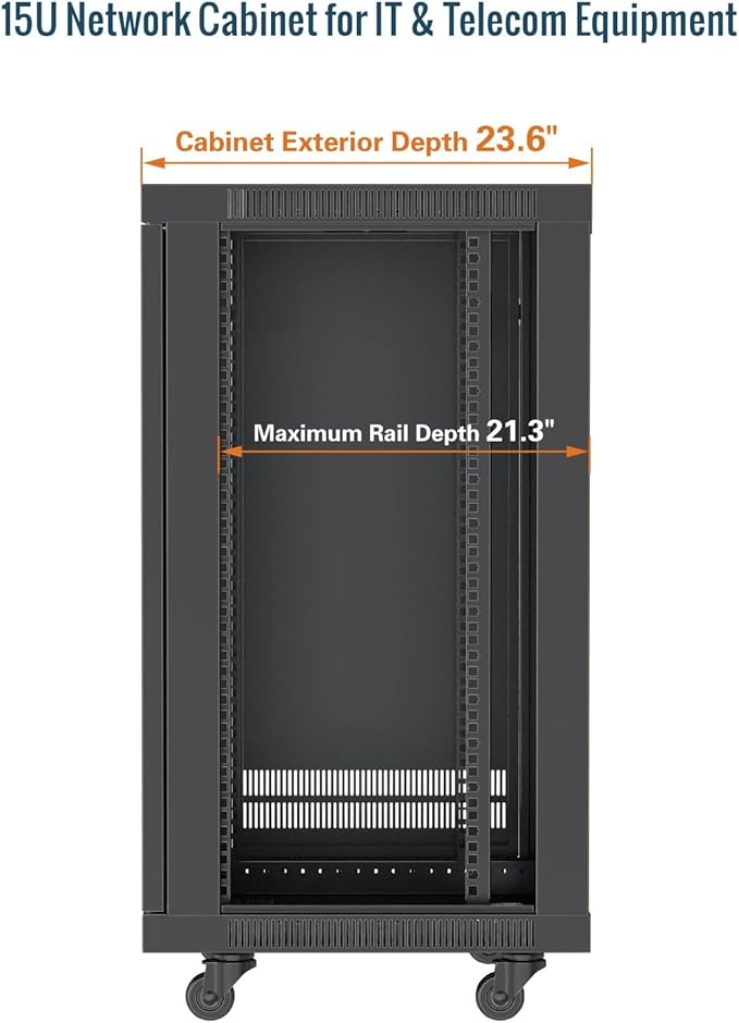Tecmojo 15U Wall Mount Rack,15U Rack 23.6 Inch Depth,Hold Up to 176 Lbs,Enclosed Wall Mount Rack with 2 Colling Fans,for 19 Inch Network,Server and AV Gear,Glass Door(Elite Collection)