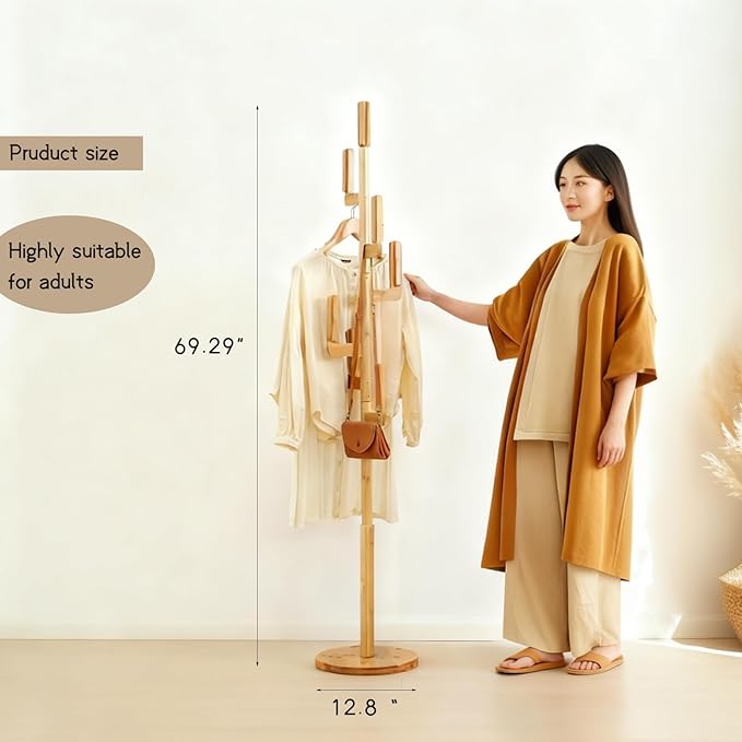 Bamboo Cactus Coat & Clothes Rack Stand, Standing Freestanding Clothing Racks with 6 Hooks for Adults & Kids, Heavy Duty Modern Entryway Living Room Bedroom Corner Coat Rack cactus-2