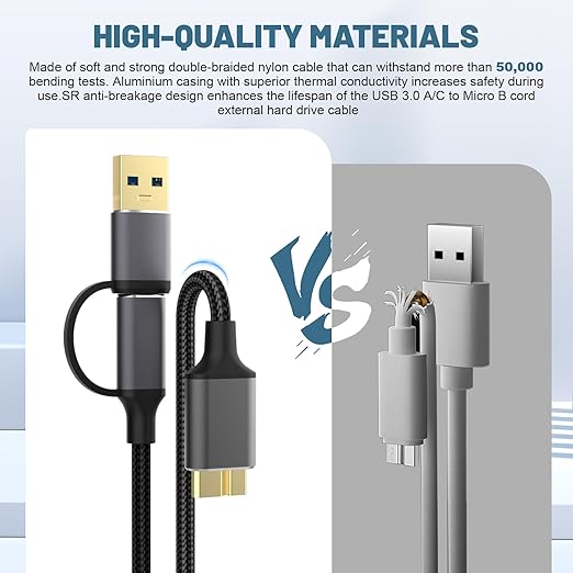 USB A/Type C to USB Micro B Data Transfer Cable Compatible with Nikon D500 D800 D810 D850, Canon EOS 5D Mark IV, 5DS R Camera, Galaxy S5, Note 3, Seagate, WD, Toshiba External Hard Drive, 5ft