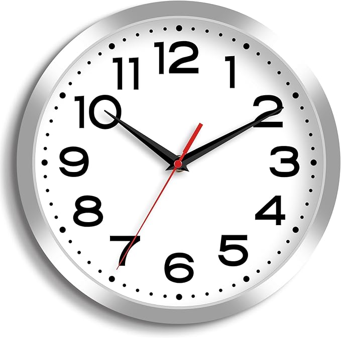 Wall Clock Silent Non-Ticking Modern Clock Battery Operated 10 Inch Small Classic Analog Decorative for Kitchen, Bathroom, Office, Bedroom, Home(Silver)