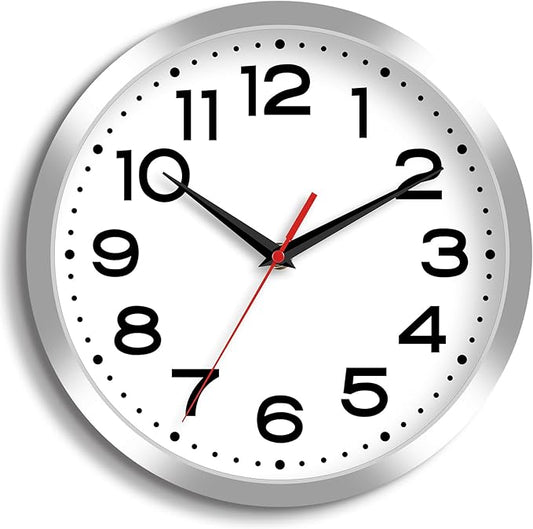 Wall Clock Silent Non-Ticking Modern Clock Battery Operated 10 Inch Small Classic Analog Decorative for Kitchen, Bathroom, Office, Bedroom, Home(Silver)